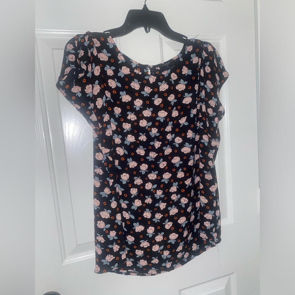 Tahari Black and Pink Floral Blouse